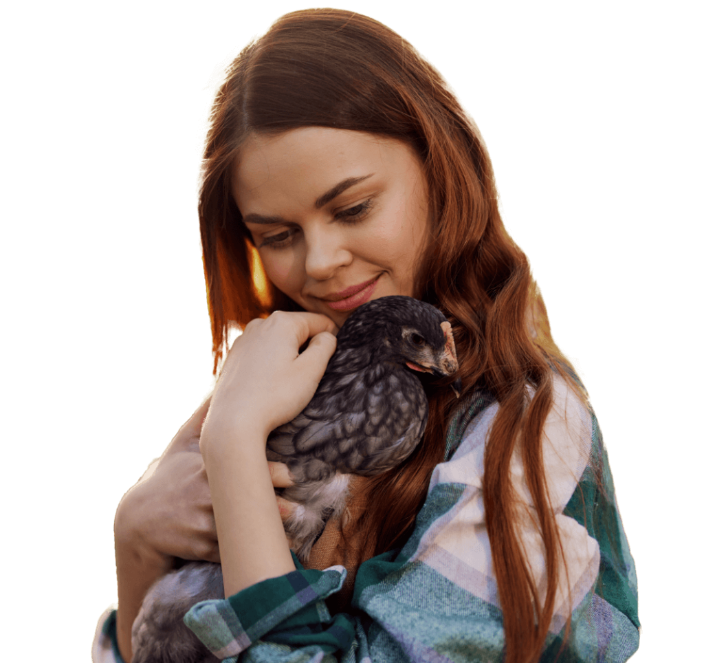 happy-young-woman-smiles-camera-holds-young-chicken-that-lays-eggs-her-farm-sunlight