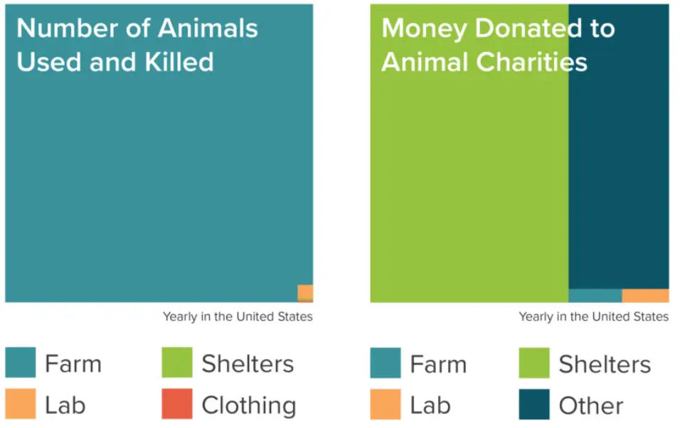 This graphic from Animal Charity Evaluators shows that farmed animal advocacy has less funding than shelters and other animal causes.