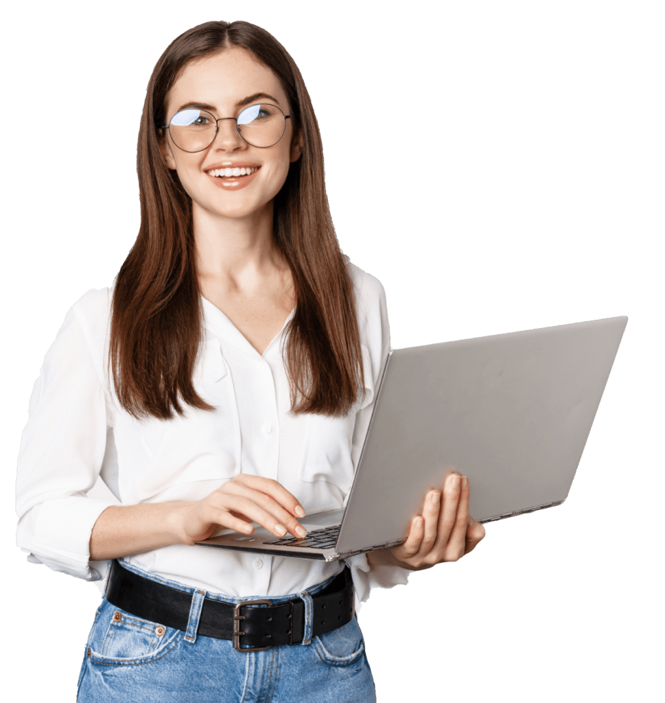 portrait-young-office-woman-entrepreneur-answer-clients-laptop-working-with-computer-with-happ 1-min